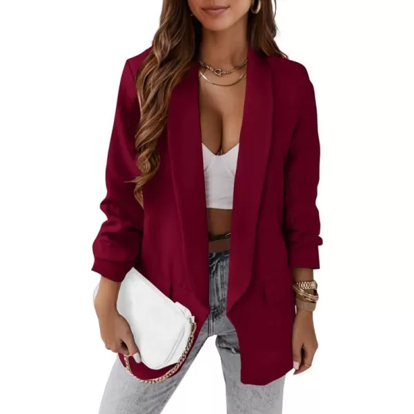 imagePRETTYGARDEN Womens Casual Blazer 2023 Fall Fashion Long Sleeve Open Front Work Office Suit JacketsWine Red