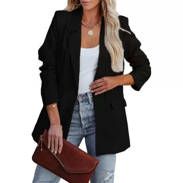 imagePRETTYGARDEN Womens Casual Blazers Long Sleeve Open Front Button Work Office Blazer Jackets with PocketsBlack