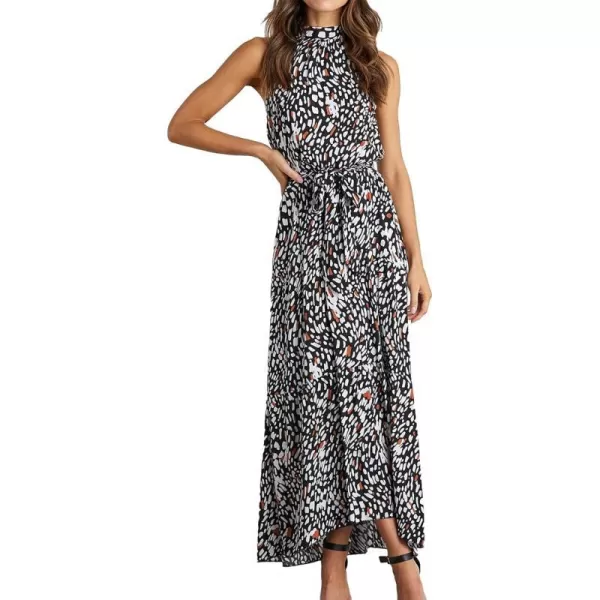 imagePRETTYGARDEN Womens Casual Halter Neck Sleeveless Floral Long Maxi Dress Backless Loose Ruffle Sundress with BeltBlack Leopard