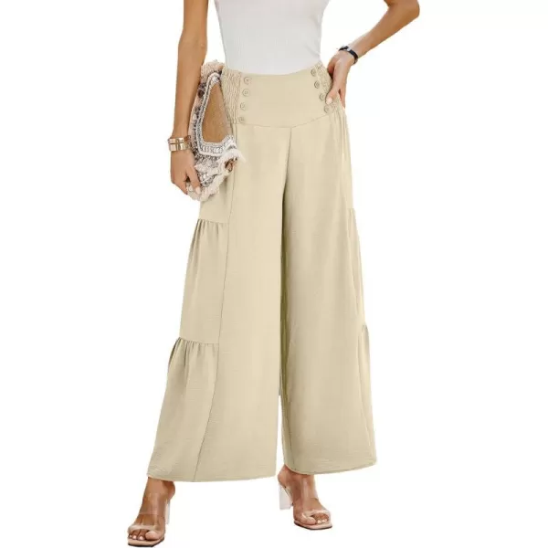 imagePRETTYGARDEN Womens Casual Long Palazzo Pants Elastic High Waist Wide Leg Loose Lounge TrousersApricot