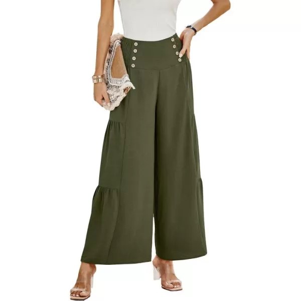 imagePRETTYGARDEN Womens Casual Long Palazzo Pants Elastic High Waist Wide Leg Loose Lounge TrousersArmy Green