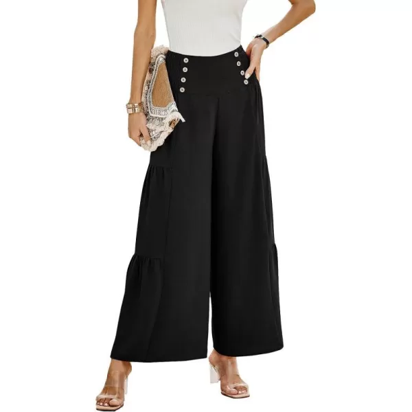 imagePRETTYGARDEN Womens Casual Long Palazzo Pants Elastic High Waist Wide Leg Loose Lounge TrousersBlack