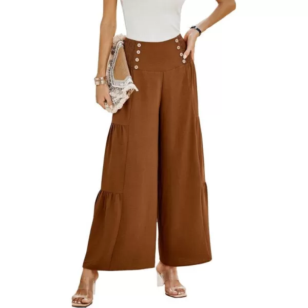 imagePRETTYGARDEN Womens Casual Long Palazzo Pants Elastic High Waist Wide Leg Loose Lounge TrousersCamel