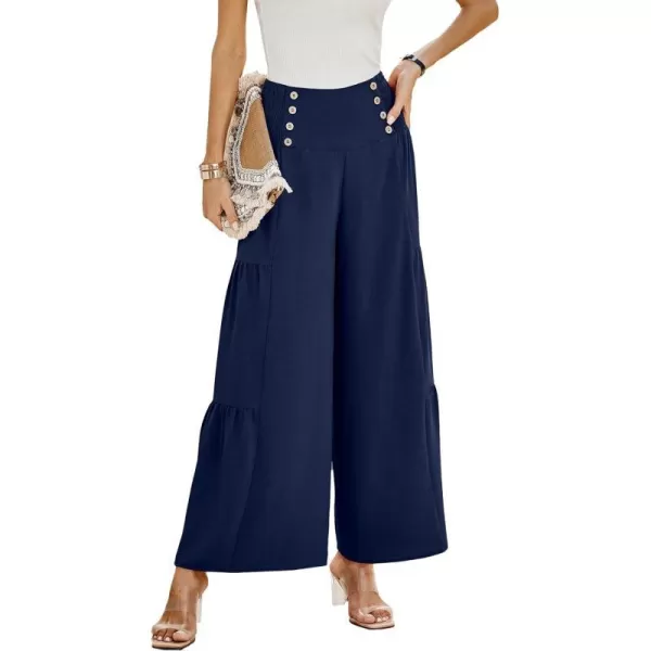 imagePRETTYGARDEN Womens Casual Long Palazzo Pants Elastic High Waist Wide Leg Loose Lounge TrousersNavy