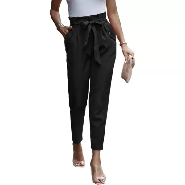 imagePRETTYGARDEN Womens Casual Long Pants High Waist Belted Paper Bag Work Pant Trousers with PocketsBlack