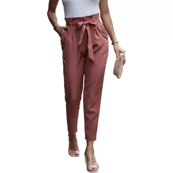 imagePRETTYGARDEN Womens Casual Long Pants High Waist Belted Paper Bag Work Pant Trousers with PocketsBrick Red