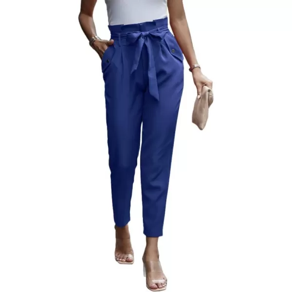 imagePRETTYGARDEN Womens Casual Long Pants High Waist Belted Paper Bag Work Pant Trousers with PocketsBright Blue
