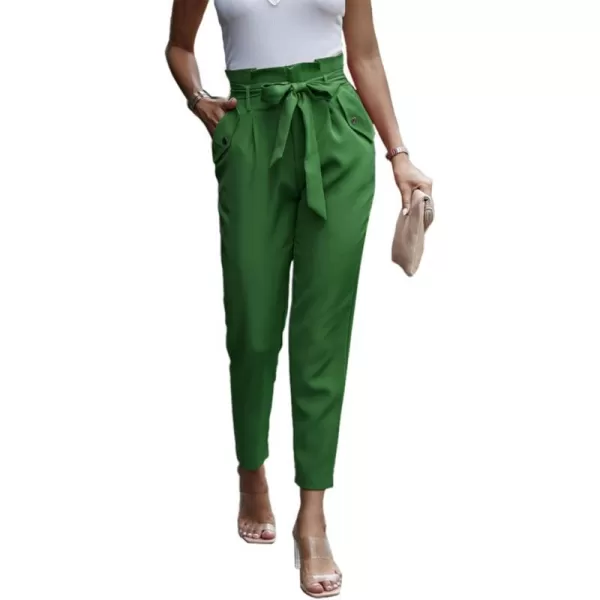 imagePRETTYGARDEN Womens Casual Long Pants High Waist Belted Paper Bag Work Pant Trousers with PocketsBright Green