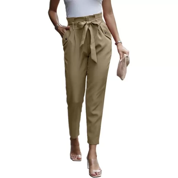 imagePRETTYGARDEN Womens Casual Long Pants High Waist Belted Paper Bag Work Pant Trousers with PocketsLight Apricot