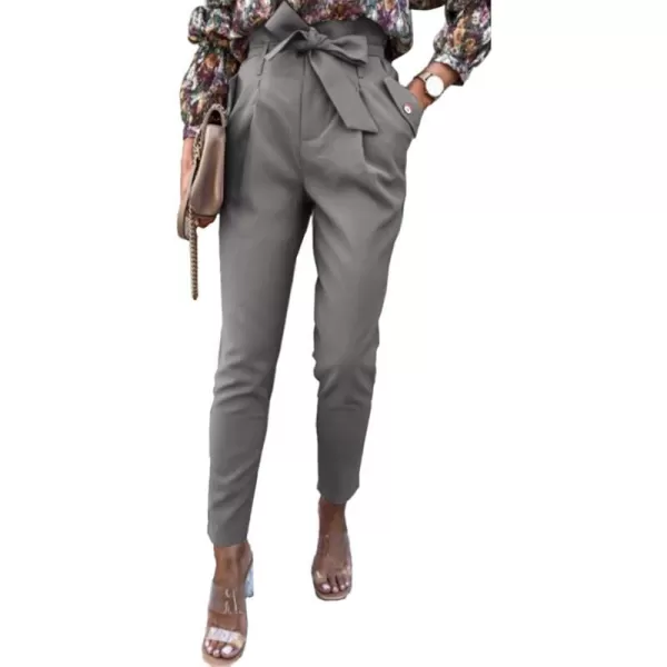 imagePRETTYGARDEN Womens Casual Long Pants High Waist Belted Paper Bag Work Pant Trousers with PocketsLight Grey