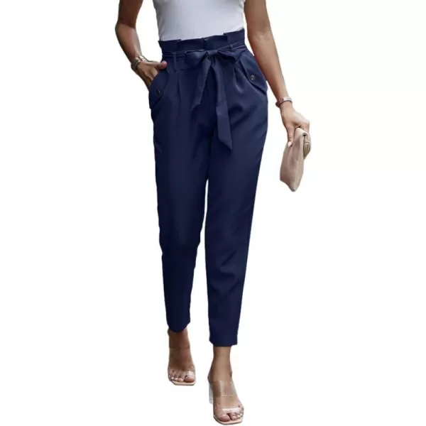 imagePRETTYGARDEN Womens Casual Long Pants High Waist Belted Paper Bag Work Pant Trousers with PocketsNavy