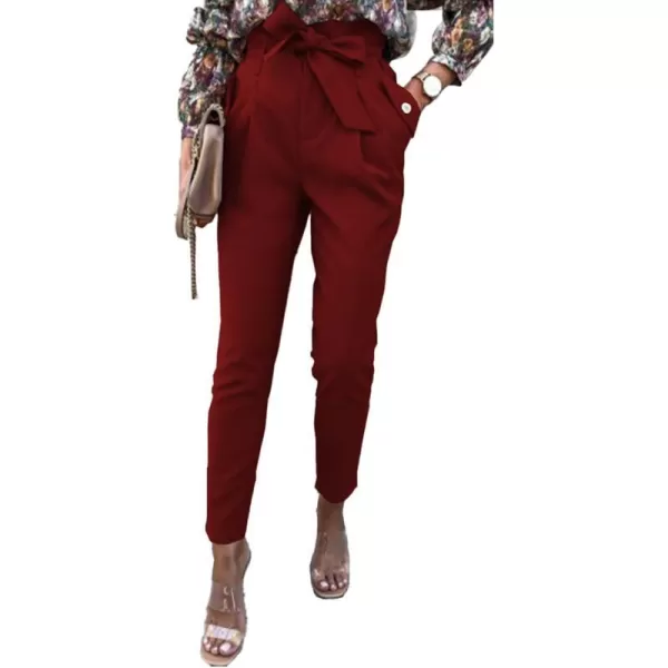imagePRETTYGARDEN Womens Casual Long Pants High Waist Belted Paper Bag Work Pant Trousers with PocketsWine Red