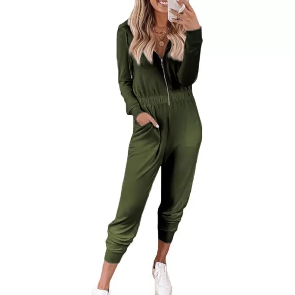 imagePRETTYGARDEN Womens Casual Long Sleeve Hooded Jumpsuits Zip Up One Piece Outfit Romper with PocketsArmy Green
