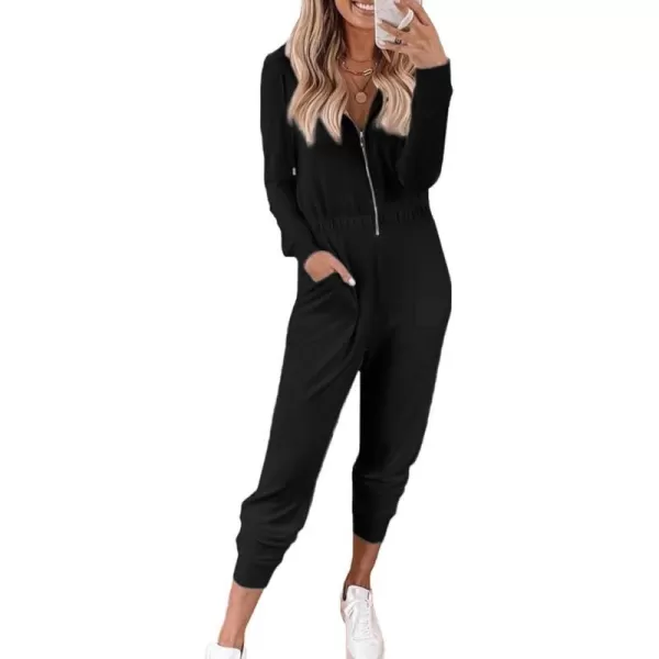 imagePRETTYGARDEN Womens Casual Long Sleeve Hooded Jumpsuits Zip Up One Piece Outfit Romper with PocketsBlack