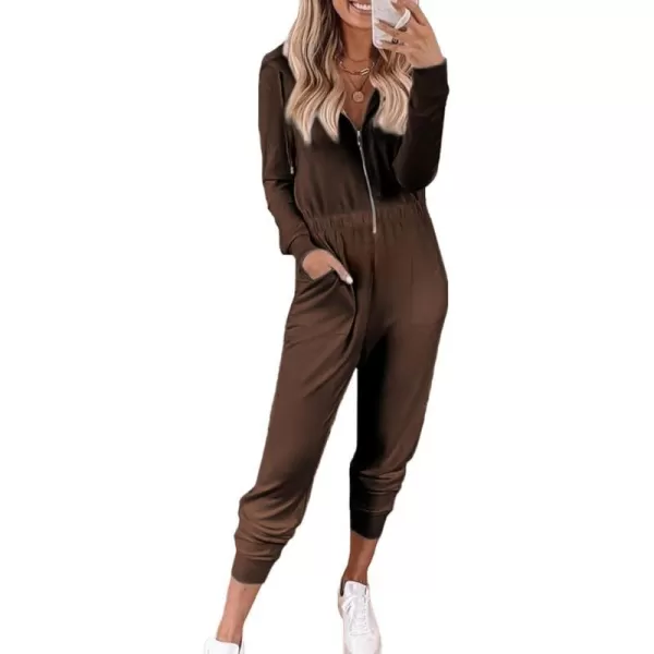 imagePRETTYGARDEN Womens Casual Long Sleeve Hooded Jumpsuits Zip Up One Piece Outfit Romper with PocketsCoffee