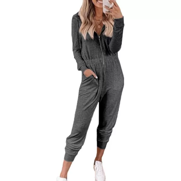 imagePRETTYGARDEN Womens Casual Long Sleeve Hooded Jumpsuits Zip Up One Piece Outfit Romper with PocketsDark Grey