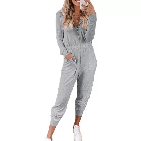 imagePRETTYGARDEN Womens Casual Long Sleeve Hooded Jumpsuits Zip Up One Piece Outfit Romper with PocketsLight Grey