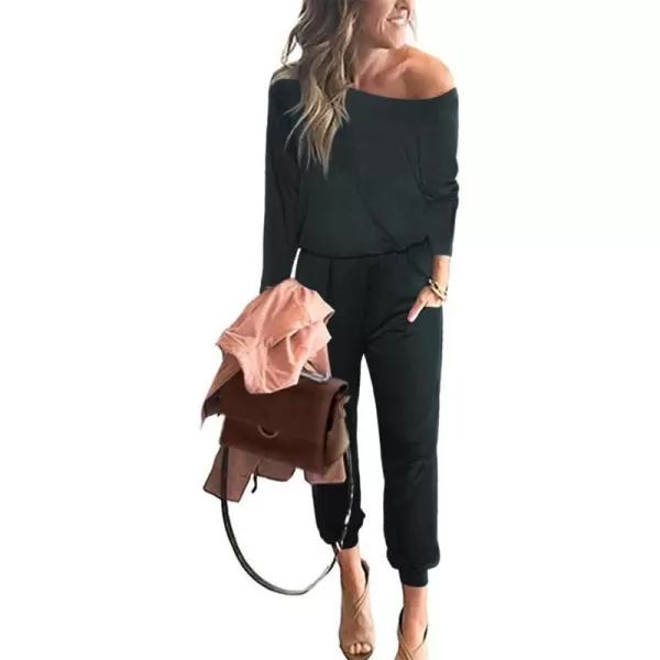 imagePRETTYGARDEN Womens Casual Long Sleeve Jumpsuit Crewneck Off Shoulder Elastic Waist Stretchy RomperAblack