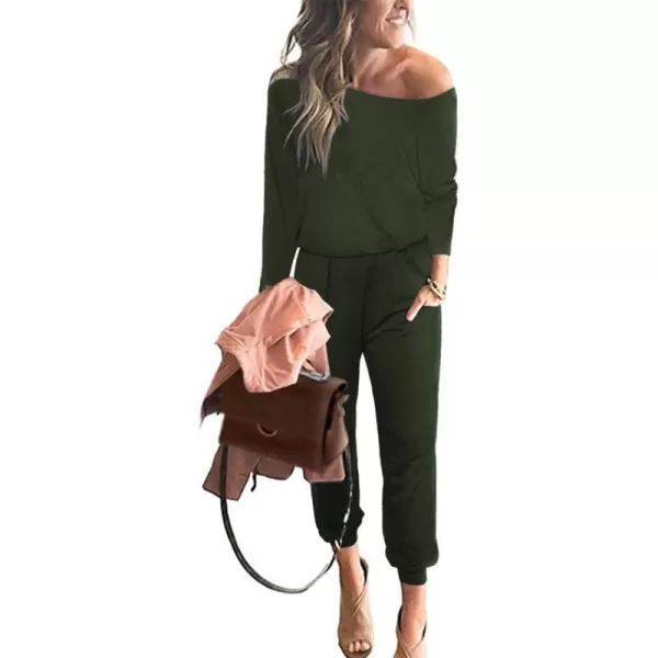 imagePRETTYGARDEN Womens Casual Long Sleeve Jumpsuit Crewneck Off Shoulder Elastic Waist Stretchy RomperArmy Green