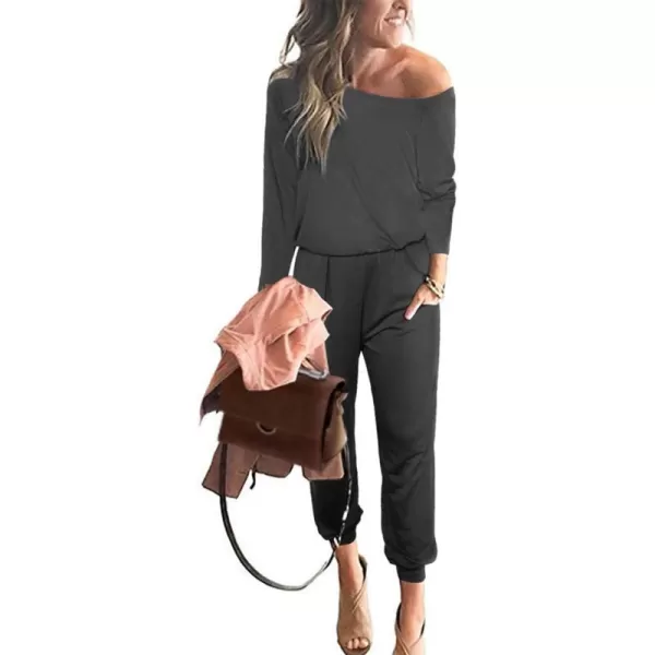 imagePRETTYGARDEN Womens Casual Long Sleeve Jumpsuit Crewneck Off Shoulder Elastic Waist Stretchy RomperBlack Grey