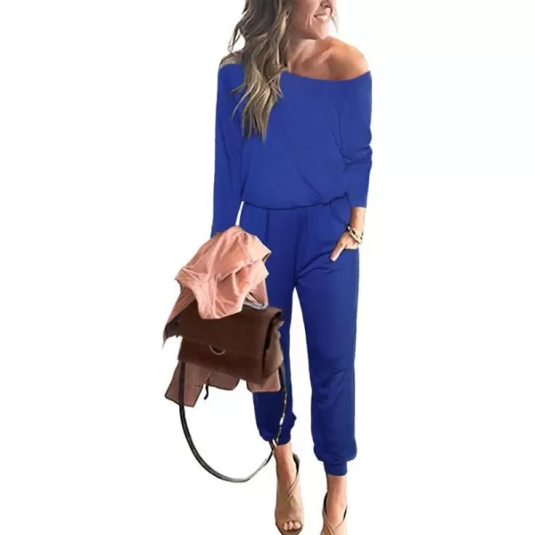 imagePRETTYGARDEN Womens Casual Long Sleeve Jumpsuit Crewneck Off Shoulder Elastic Waist Stretchy RomperBlue