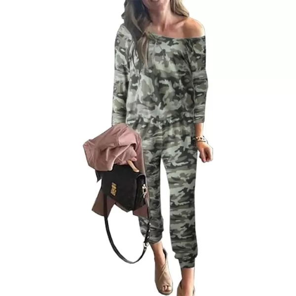 imagePRETTYGARDEN Womens Casual Long Sleeve Jumpsuit Crewneck Off Shoulder Elastic Waist Stretchy RomperCamo