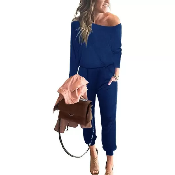 imagePRETTYGARDEN Womens Casual Long Sleeve Jumpsuit Crewneck Off Shoulder Elastic Waist Stretchy RomperDark Blue