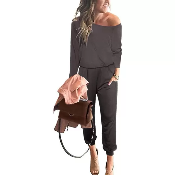 imagePRETTYGARDEN Womens Casual Long Sleeve Jumpsuit Crewneck Off Shoulder Elastic Waist Stretchy RomperDark Grey