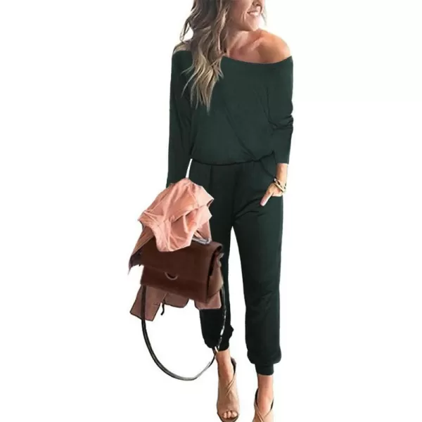 imagePRETTYGARDEN Womens Casual Long Sleeve Jumpsuit Crewneck Off Shoulder Elastic Waist Stretchy RomperDeep Green