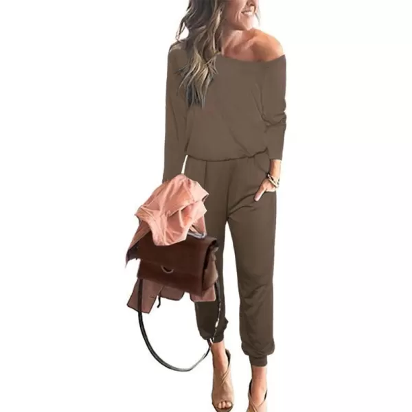 imagePRETTYGARDEN Womens Casual Long Sleeve Jumpsuit Crewneck Off Shoulder Elastic Waist Stretchy RomperKhaki