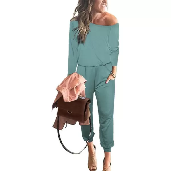 imagePRETTYGARDEN Womens Casual Long Sleeve Jumpsuit Crewneck Off Shoulder Elastic Waist Stretchy RomperLight Green