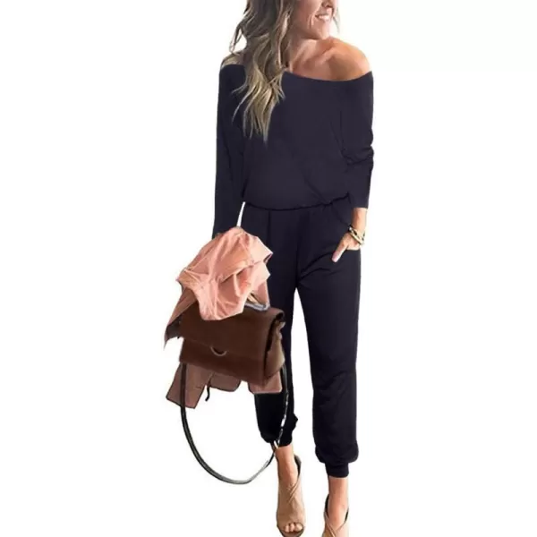 imagePRETTYGARDEN Womens Casual Long Sleeve Jumpsuit Crewneck Off Shoulder Elastic Waist Stretchy RomperNavy