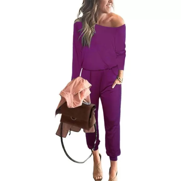imagePRETTYGARDEN Womens Casual Long Sleeve Jumpsuit Crewneck Off Shoulder Elastic Waist Stretchy RomperPurple
