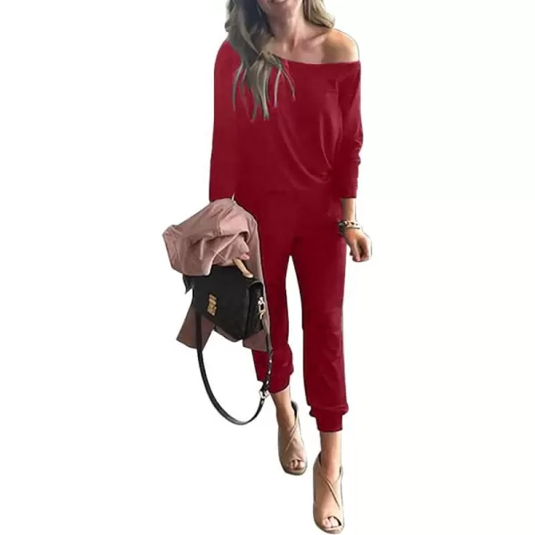 imagePRETTYGARDEN Womens Casual Long Sleeve Jumpsuit Crewneck Off Shoulder Elastic Waist Stretchy RomperRed