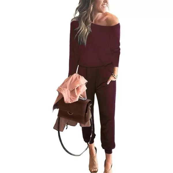 imagePRETTYGARDEN Womens Casual Long Sleeve Jumpsuit Crewneck Off Shoulder Elastic Waist Stretchy RomperWine Red