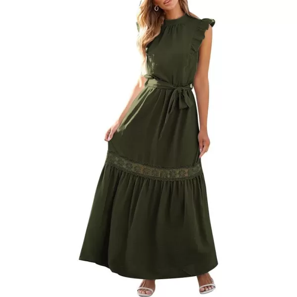 imagePRETTYGARDEN Womens Casual Maxi Dress Summer Ruffle Cap Sleeve A Line Long Flowy Dresses with BeltArmy Green