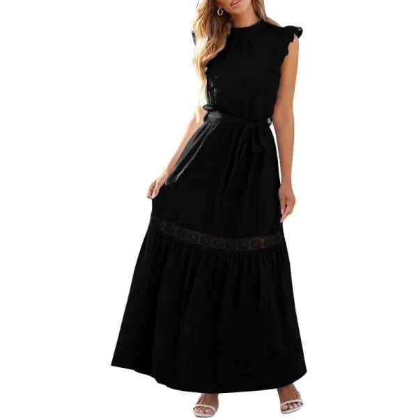 imagePRETTYGARDEN Womens Casual Maxi Dress Summer Ruffle Cap Sleeve A Line Long Flowy Dresses with BeltBlack