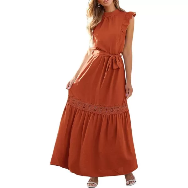 imagePRETTYGARDEN Womens Casual Maxi Dress Summer Ruffle Cap Sleeve A Line Long Flowy Dresses with BeltBrick Red