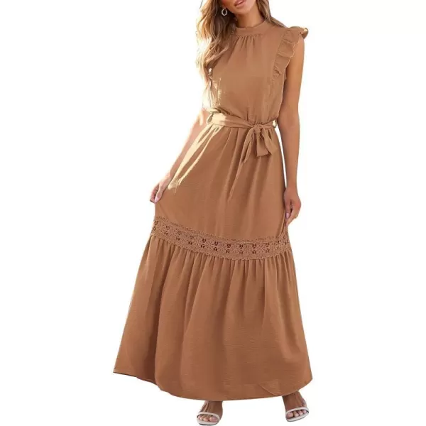 imagePRETTYGARDEN Womens Casual Maxi Dress Summer Ruffle Cap Sleeve A Line Long Flowy Dresses with BeltKhaki