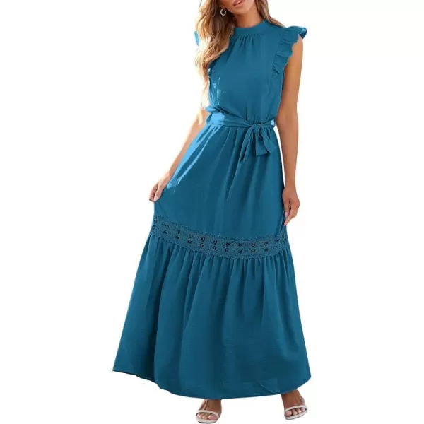imagePRETTYGARDEN Womens Casual Maxi Dress Summer Ruffle Cap Sleeve A Line Long Flowy Dresses with BeltLake Blue