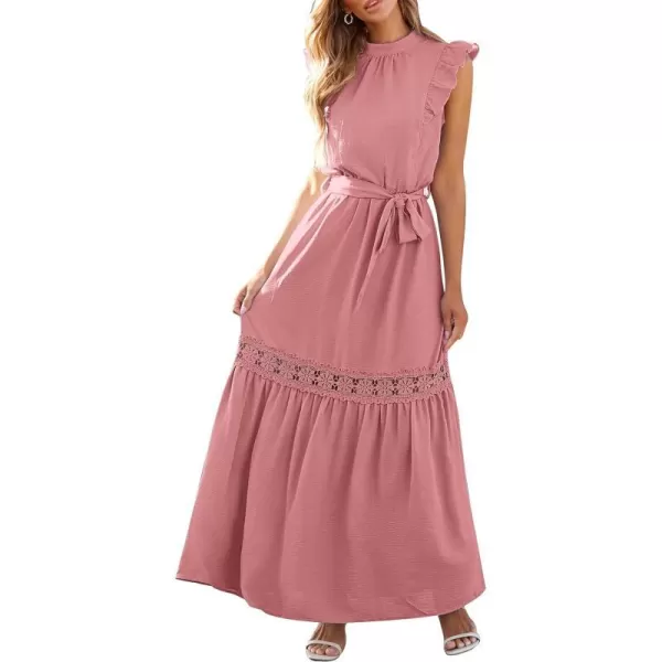 imagePRETTYGARDEN Womens Casual Maxi Dress Summer Ruffle Cap Sleeve A Line Long Flowy Dresses with BeltPink