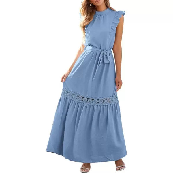 imagePRETTYGARDEN Womens Casual Maxi Dress Summer Ruffle Cap Sleeve A Line Long Flowy Dresses with BeltSky Blue