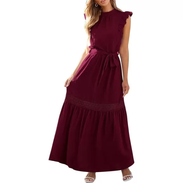 imagePRETTYGARDEN Womens Casual Maxi Dress Summer Ruffle Cap Sleeve A Line Long Flowy Dresses with BeltWine Red
