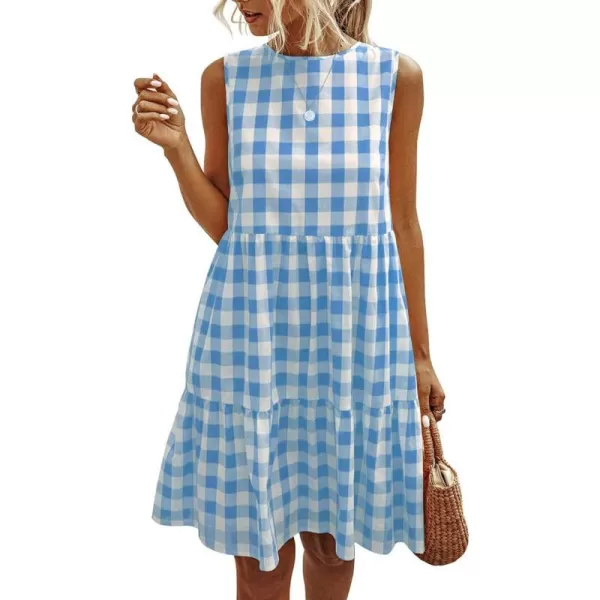 imagePRETTYGARDEN Womens Casual Plaid Sleeveless Ruffle Sundress Round Neck ALine Pleated Mini Short T Shirt Dress with PocketsBlue