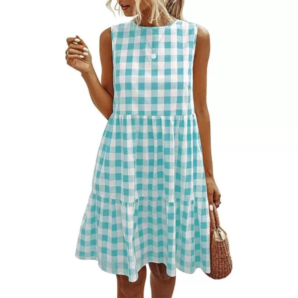 imagePRETTYGARDEN Womens Casual Plaid Sleeveless Ruffle Sundress Round Neck ALine Pleated Mini Short T Shirt Dress with PocketsGreen
