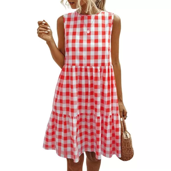 imagePRETTYGARDEN Womens Casual Plaid Sleeveless Ruffle Sundress Round Neck ALine Pleated Mini Short T Shirt Dress with PocketsRed
