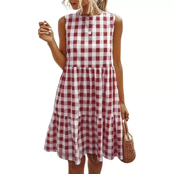 imagePRETTYGARDEN Womens Casual Plaid Sleeveless Ruffle Sundress Round Neck ALine Pleated Mini Short T Shirt Dress with PocketsWine Red