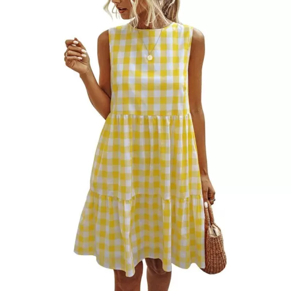 imagePRETTYGARDEN Womens Casual Plaid Sleeveless Ruffle Sundress Round Neck ALine Pleated Mini Short T Shirt Dress with PocketsYellow