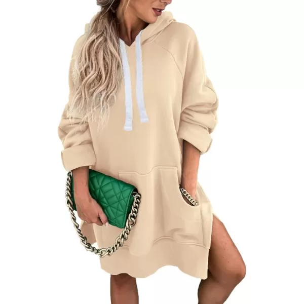 imagePRETTYGARDEN Womens Casual Pullover Sweatshirt Long Sleeve Split Hem Hoodie Dress with Kangaroo PocketApricot