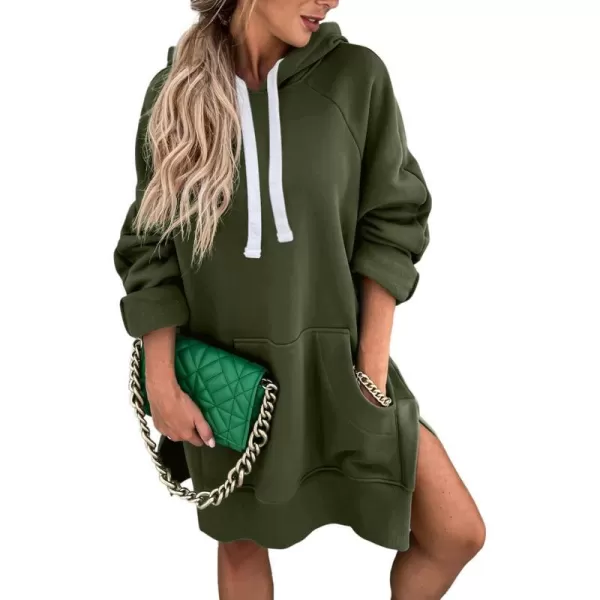 imagePRETTYGARDEN Womens Casual Pullover Sweatshirt Long Sleeve Split Hem Hoodie Dress with Kangaroo PocketArmy Green